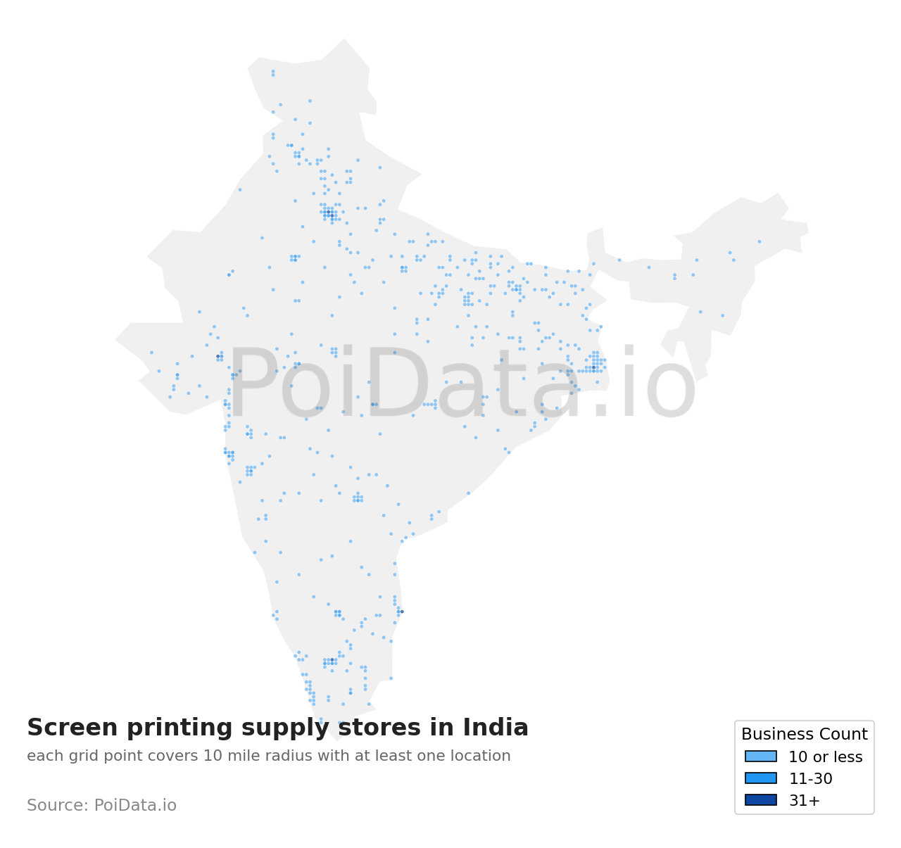 Screen printing supply store density map for India
