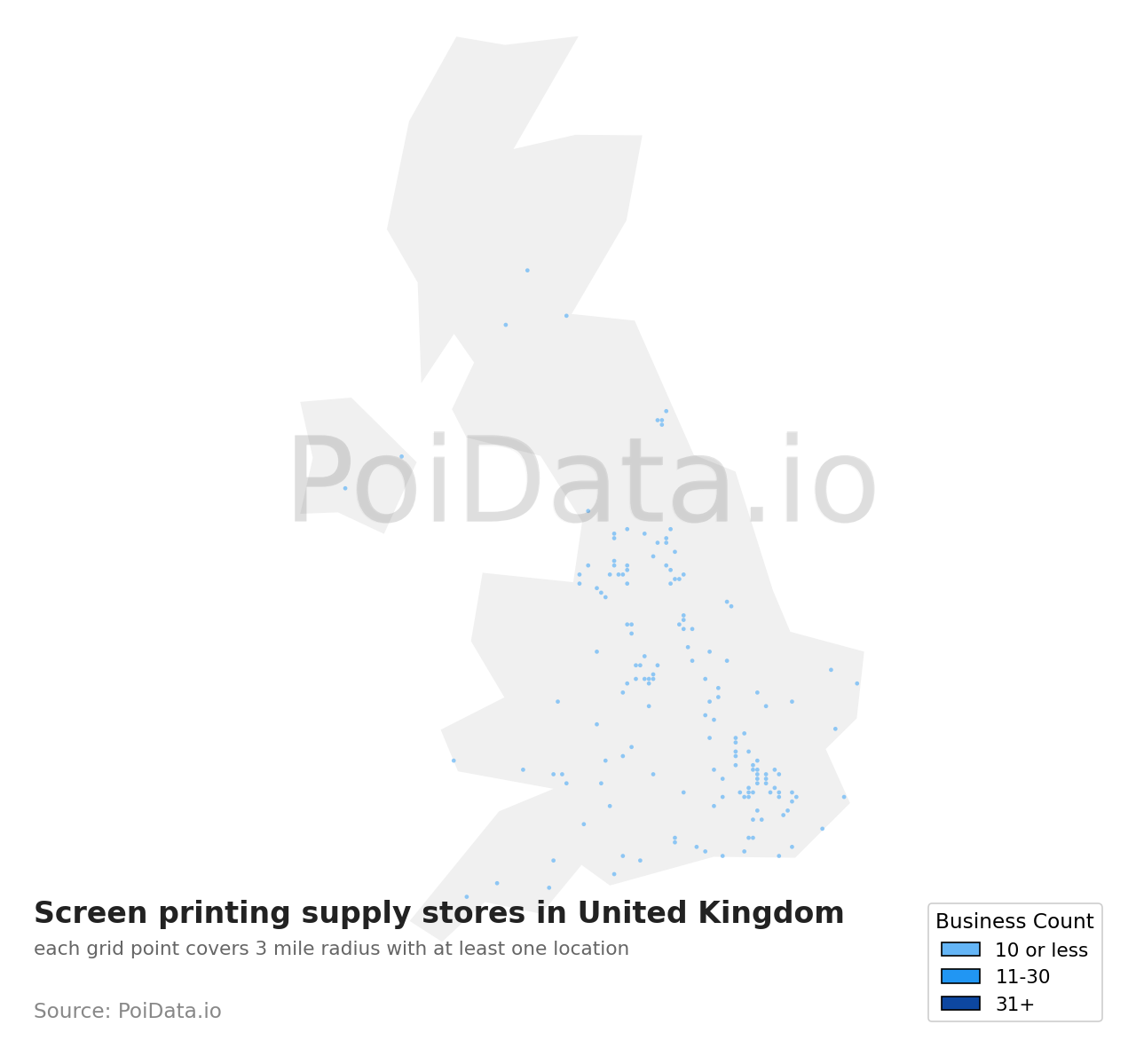 Screen printing supply store density map for United Kingdom
