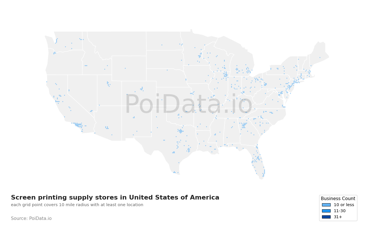 Screen printing supply store density map for United States