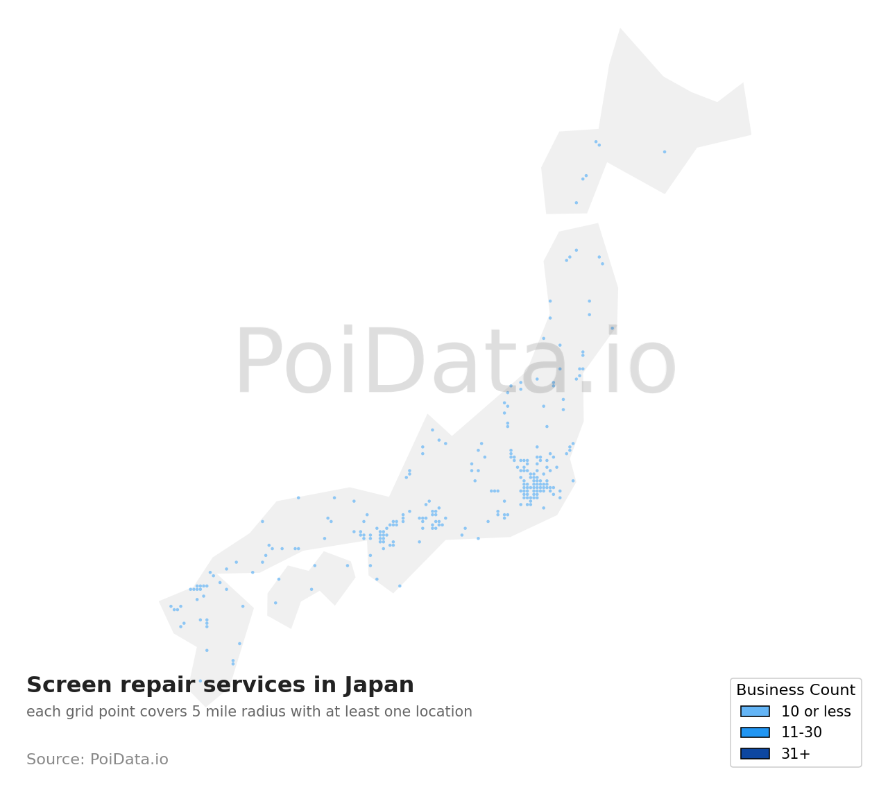 Screen repair service density map for Japan