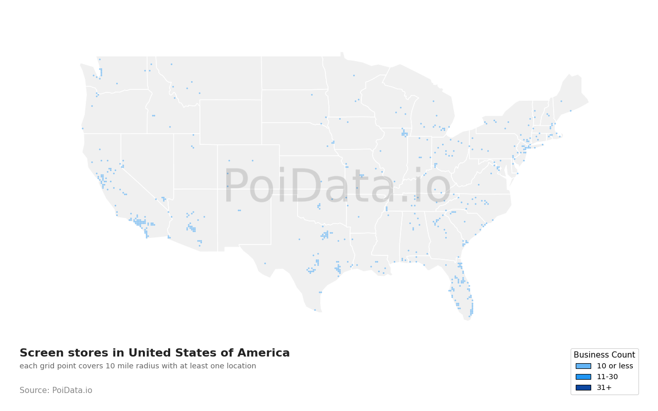 Screen store density map for United States