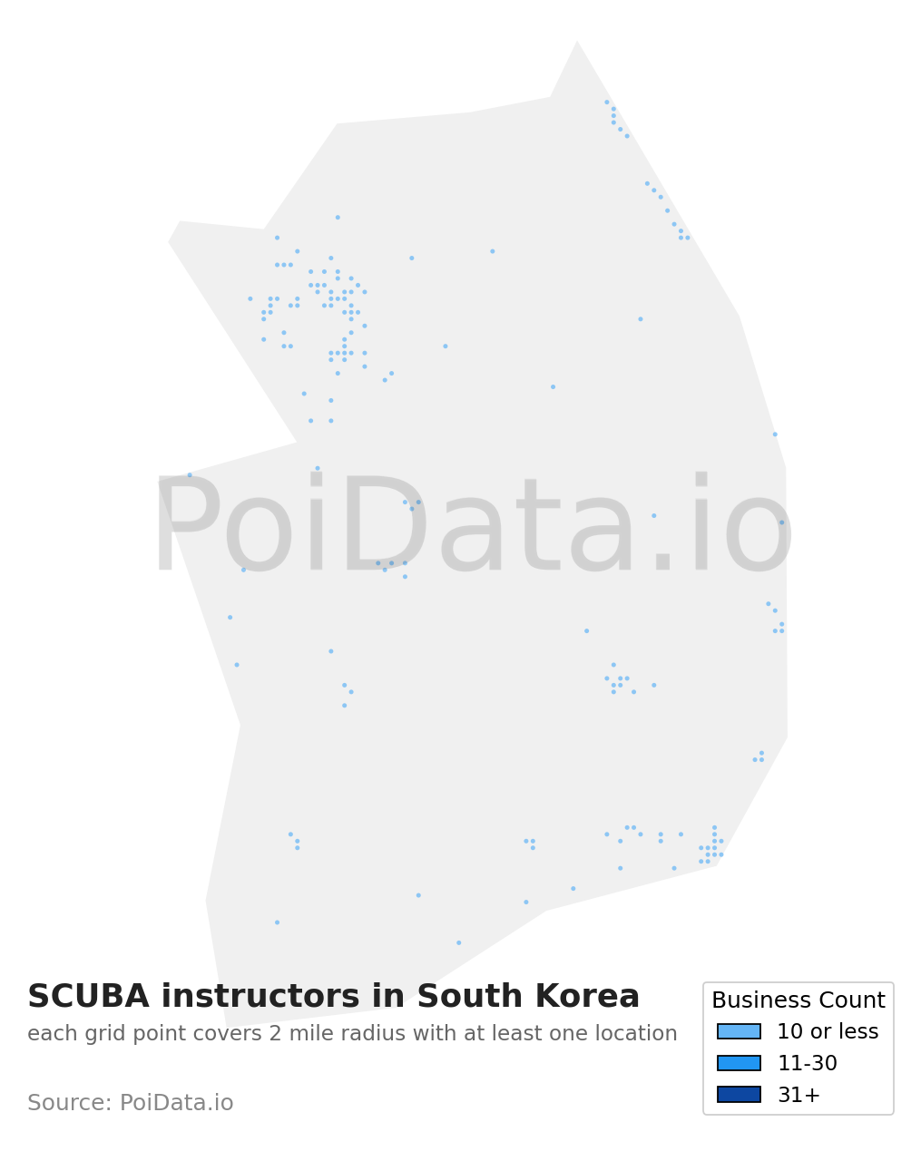 SCUBA instructor density map for South Korea