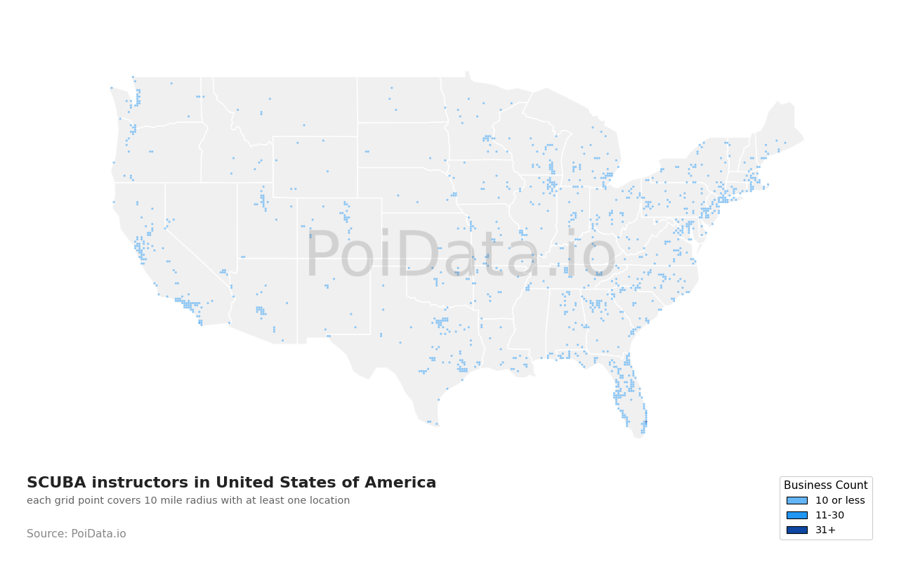 SCUBA instructor density map for United States