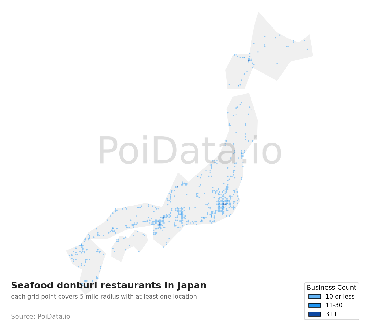Seafood donburi restaurant density map for Motoyoshi District, Miyagi, Japan