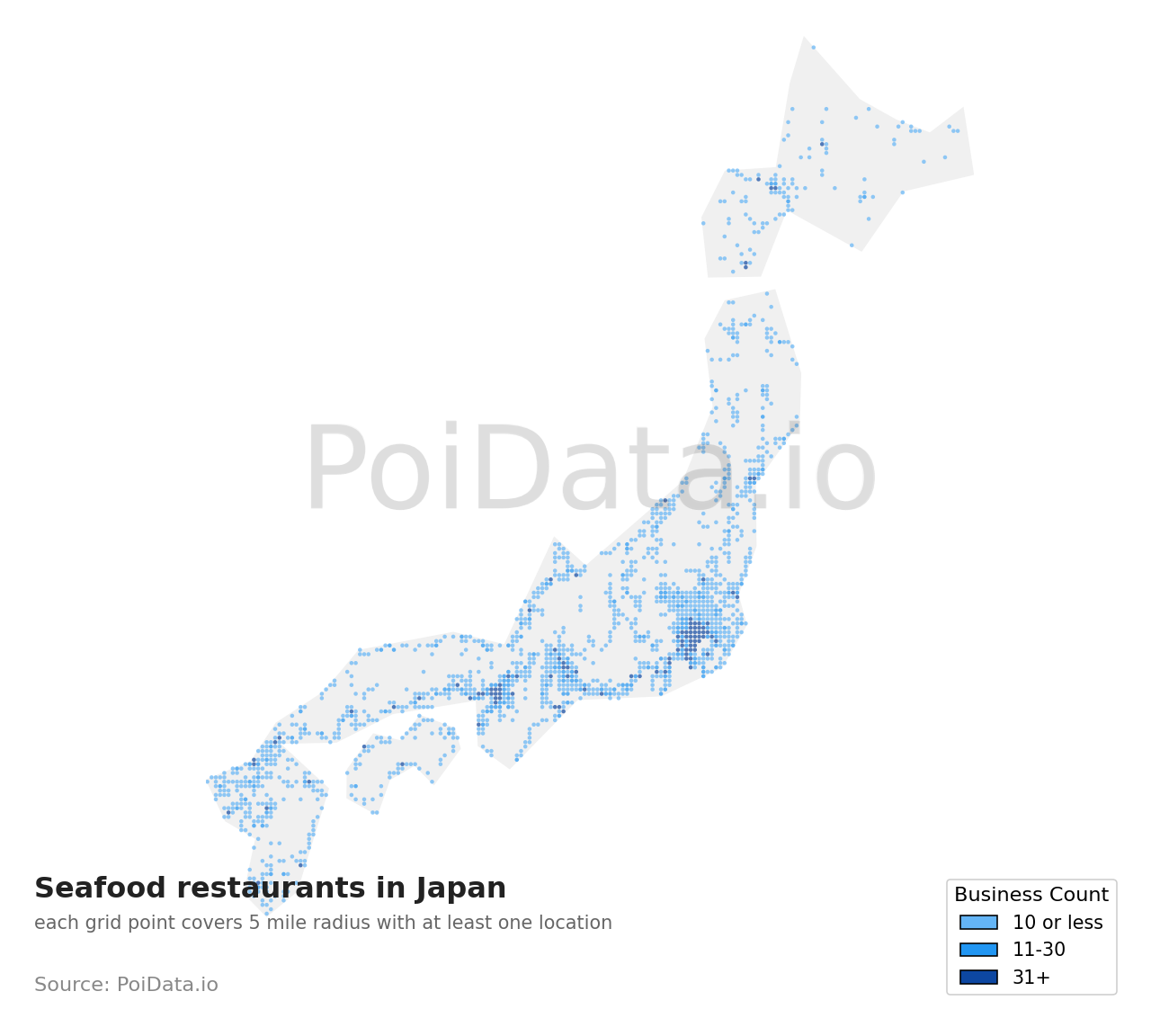 Seafood restaurant density map for Motoyoshi District, Miyagi, Japan