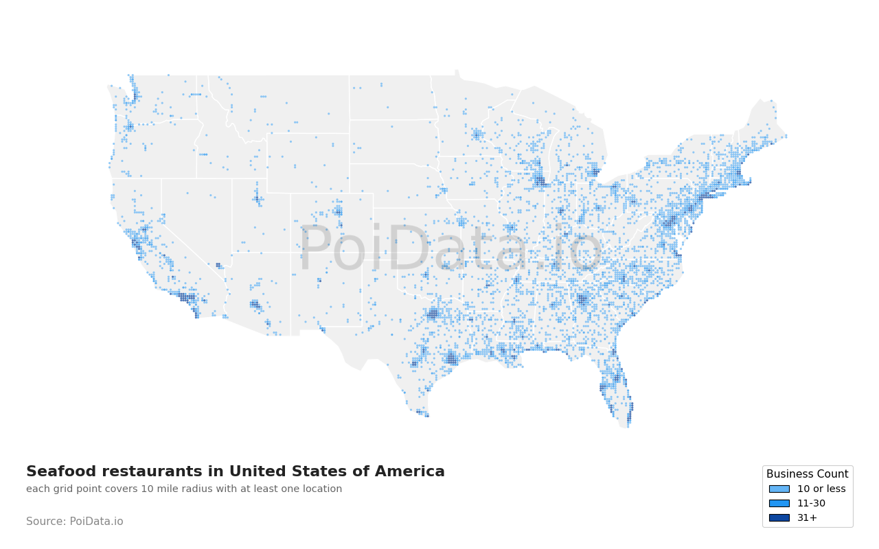 Seafood restaurant density map for Florida, United States