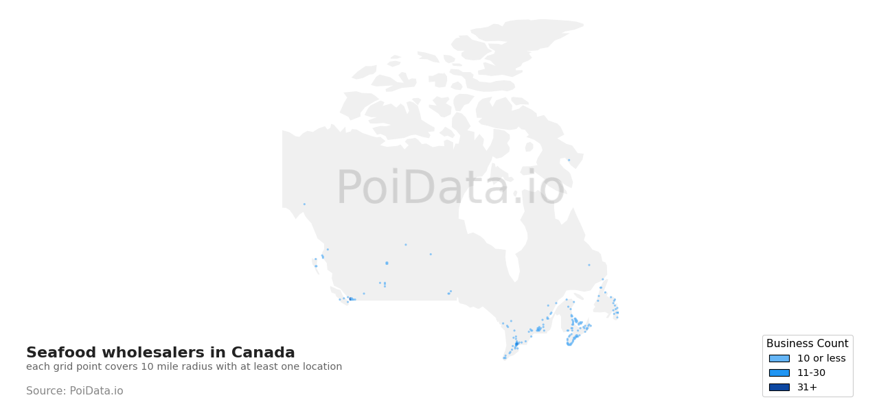 Seafood wholesaler density map for Alberta, Canada