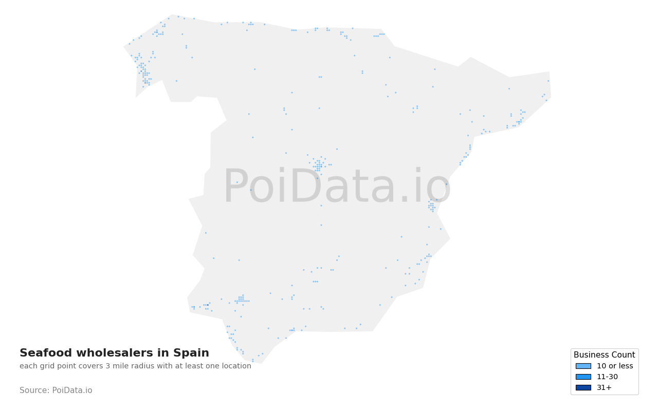 Seafood wholesaler density map for Spain