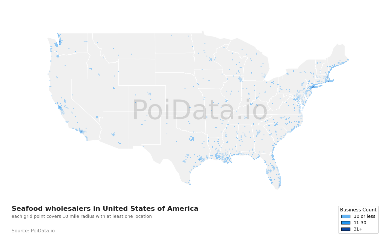 Seafood wholesaler density map for United States