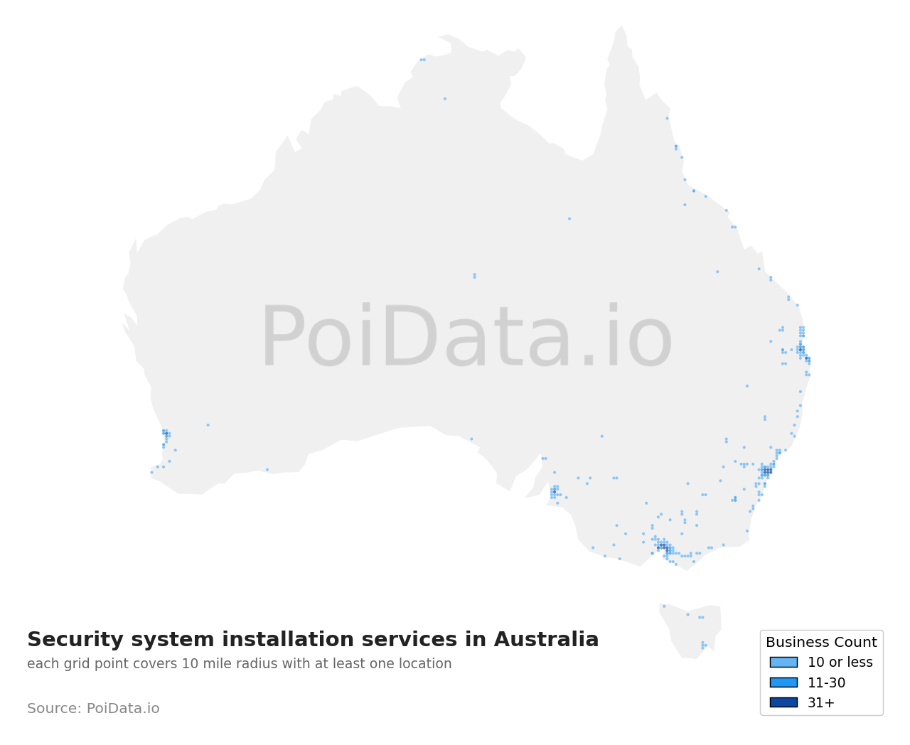 Security system installation service density map for Australia