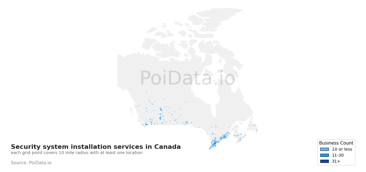 Security system installation service density map for Canada