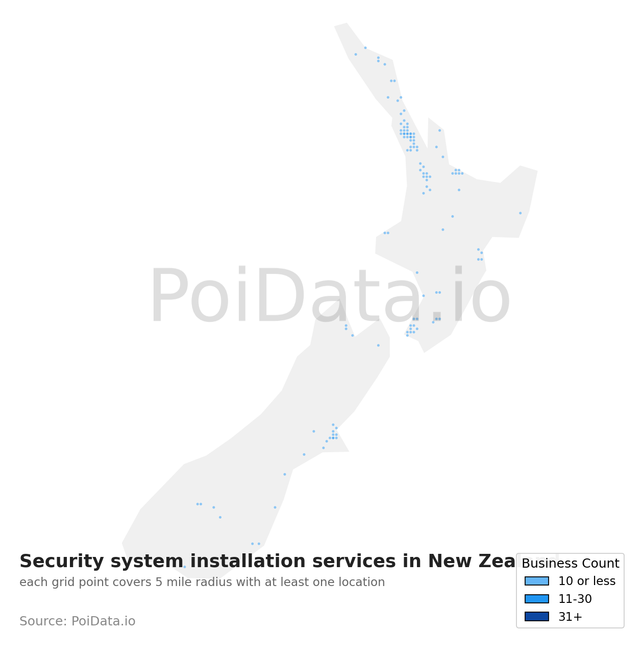 Security system installation service density map for New Zealand