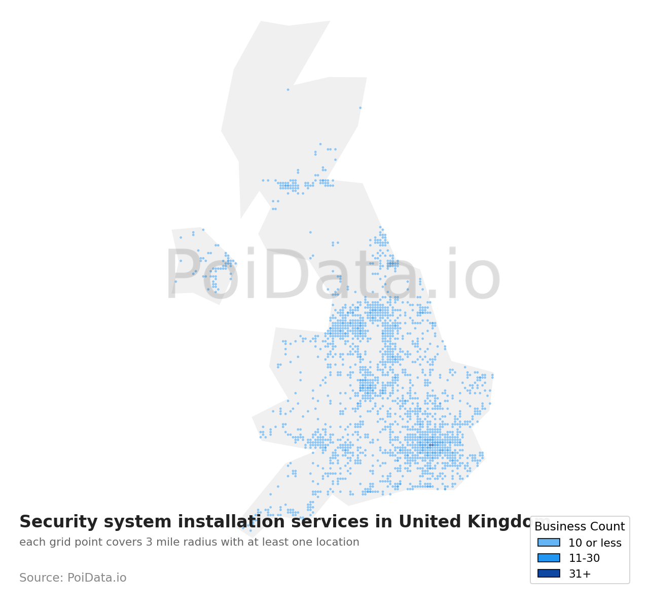 Security system installation service density map for United Kingdom