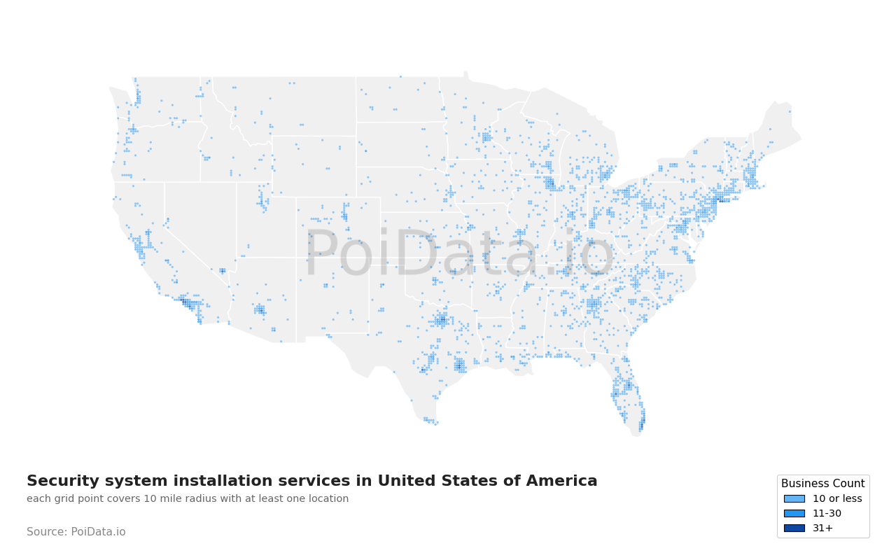 Security system installation service density map for United States