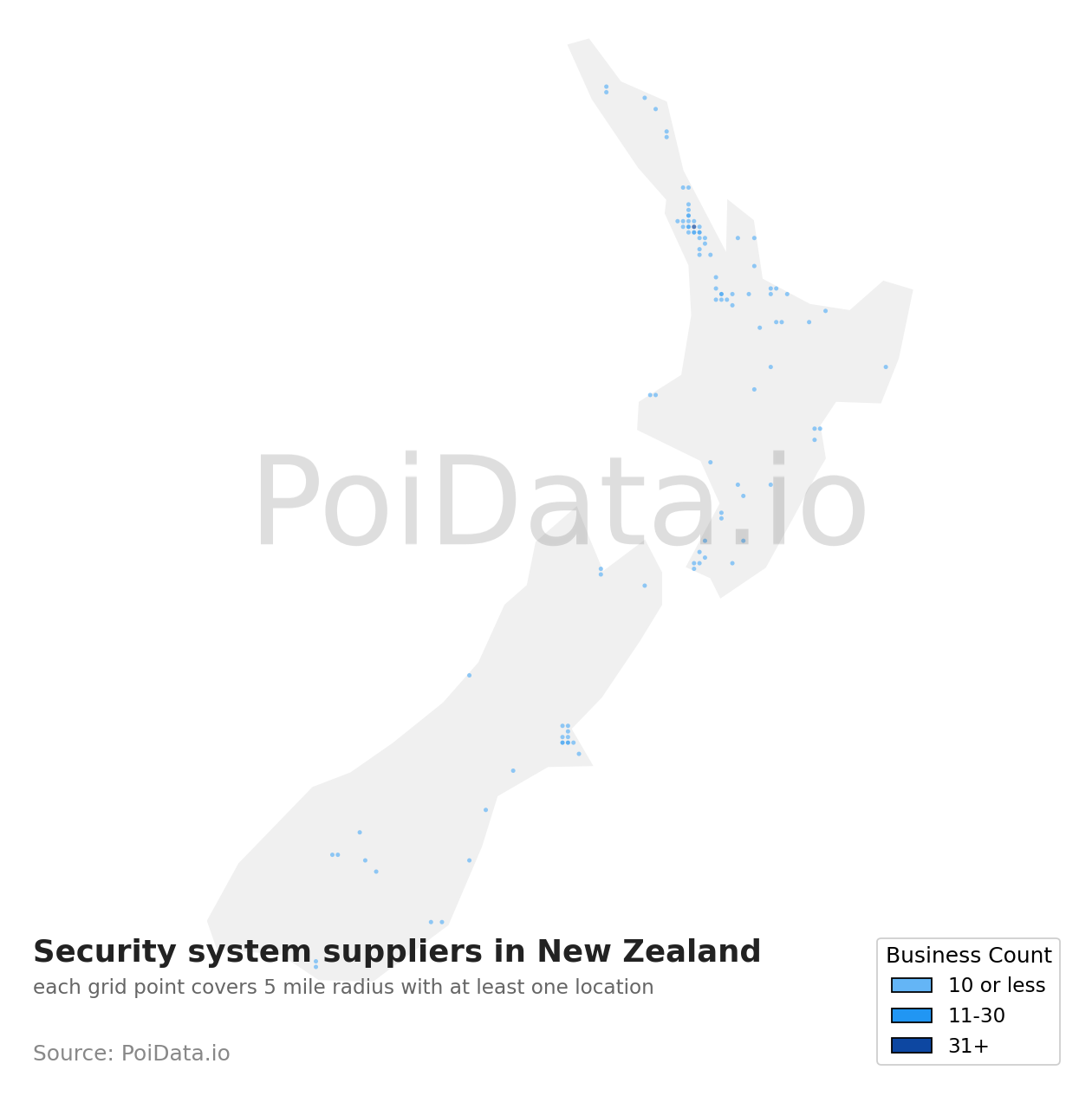 Security system supplier density map for New Zealand