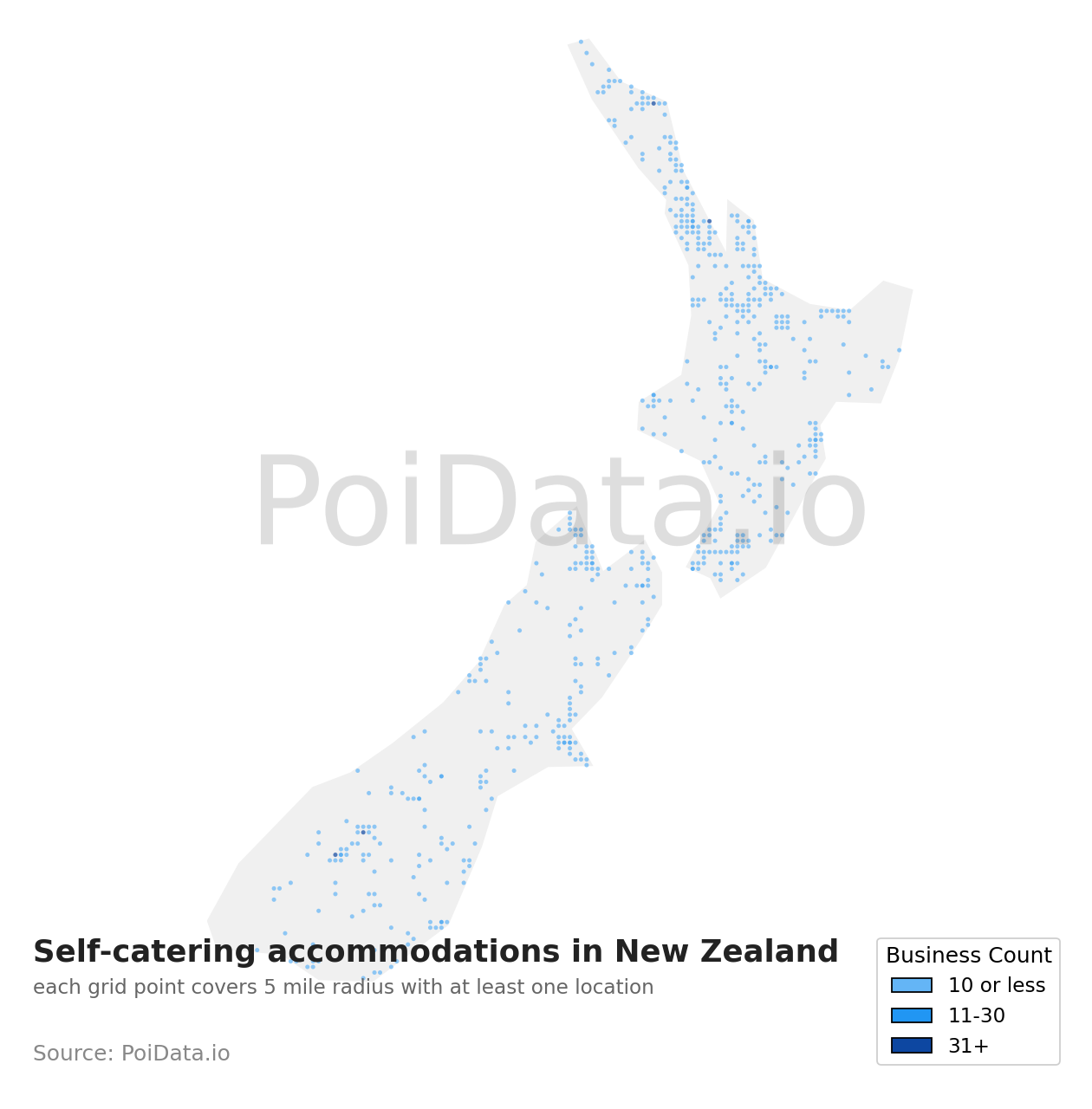Self-catering accommodation density map for New Zealand