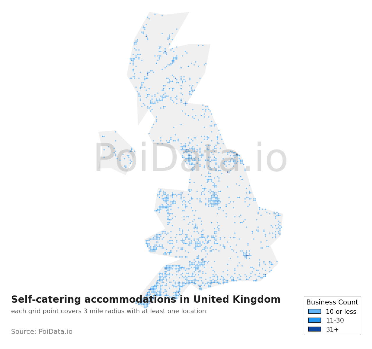 Self-catering accommodation density map for United Kingdom