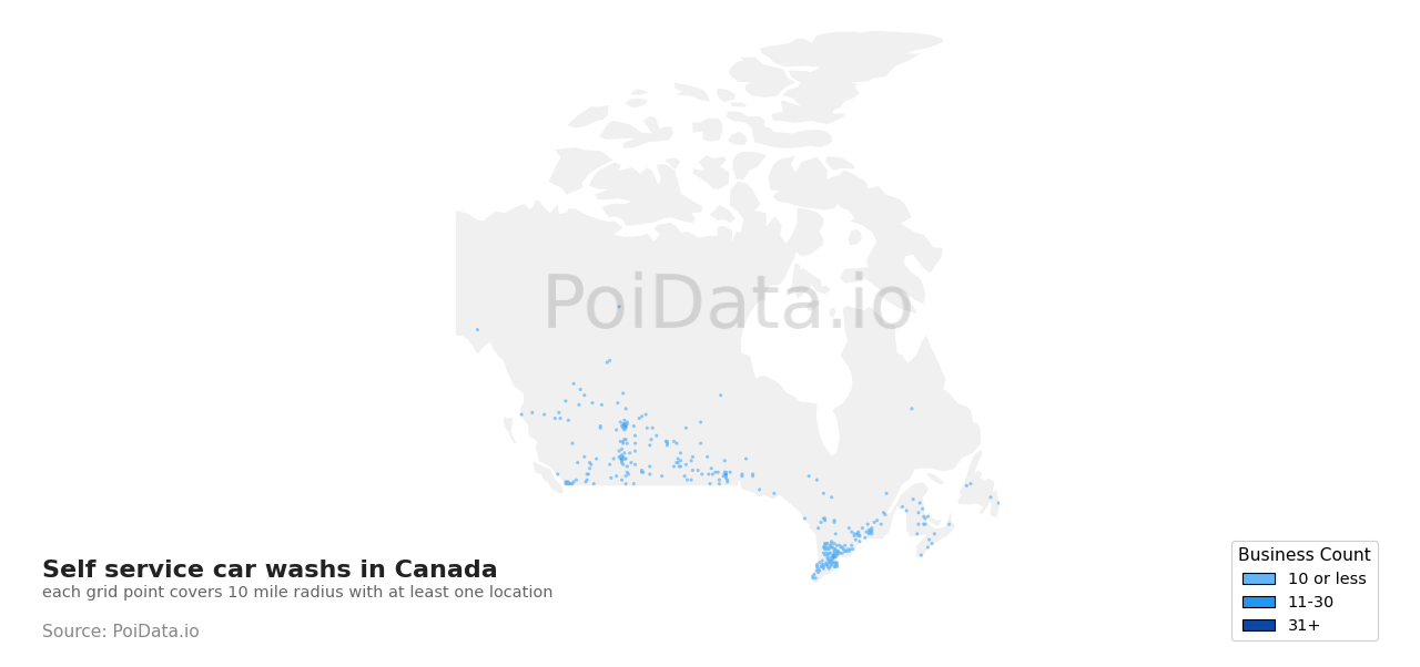 Self service car wash density map for Canada