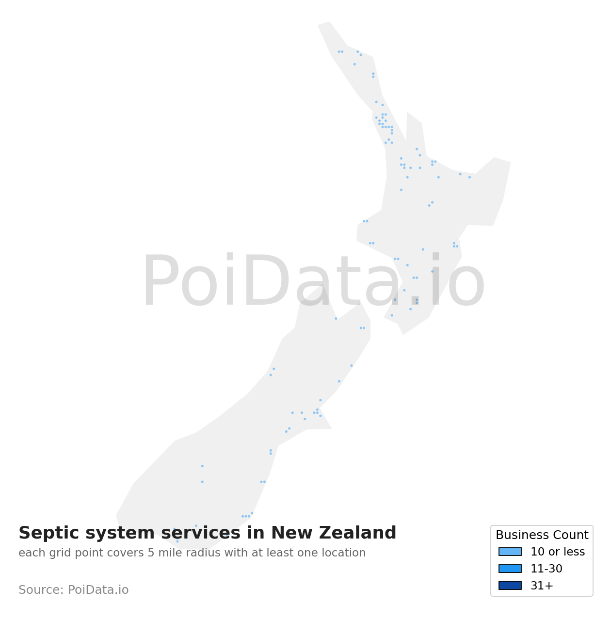 Septic system service density map for New Zealand