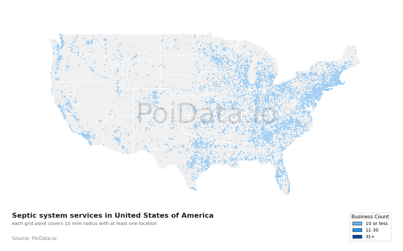 Septic system service density map for United States