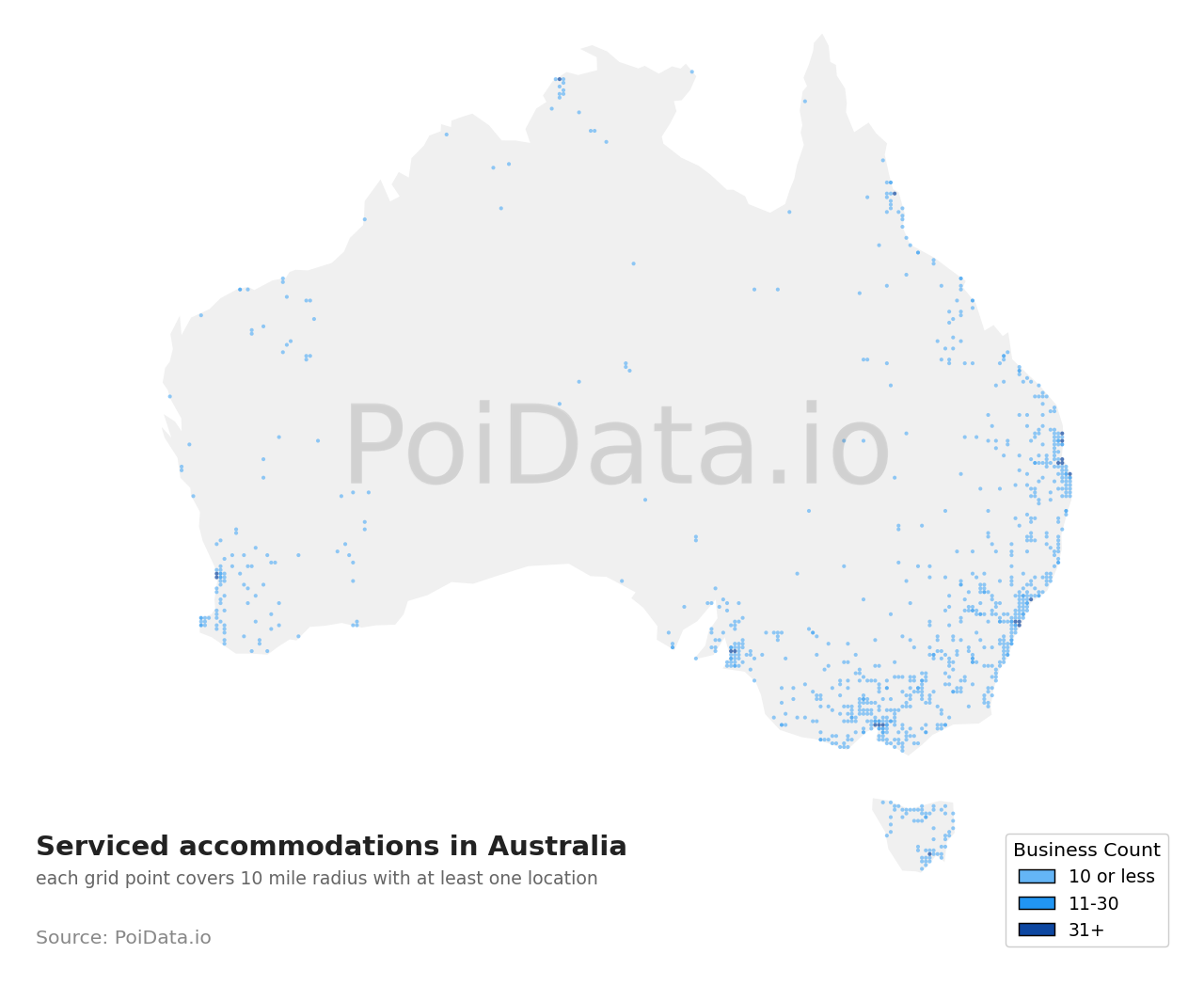 Serviced accommodation density map for Australia