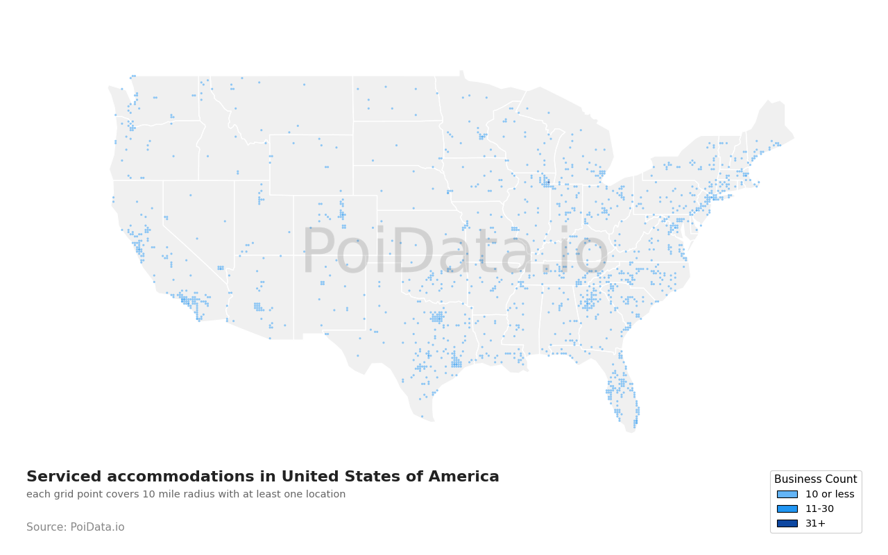 Serviced accommodation density map for United States