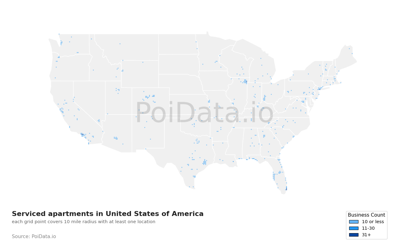 Serviced apartment density map for United States