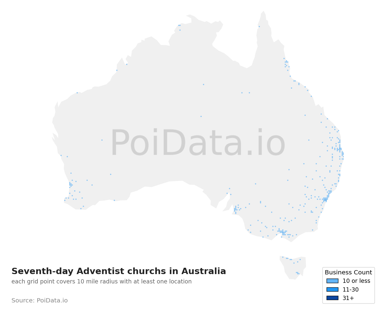 Seventh-day Adventist church density map for Australia