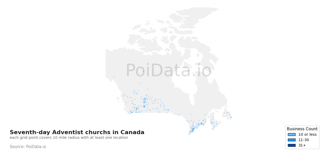 Seventh-day Adventist church density map for Canada
