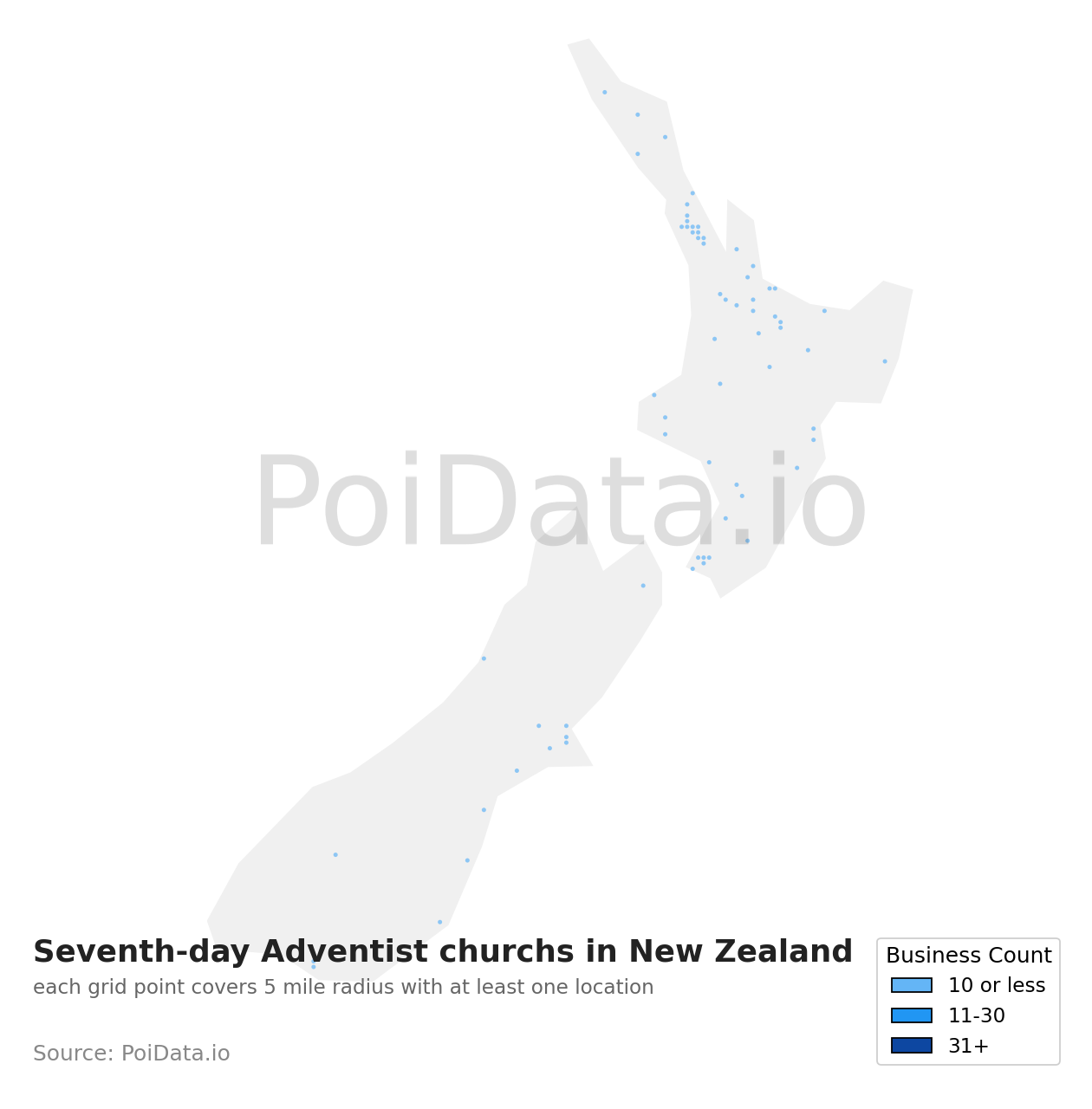 Seventh-day Adventist church density map for New Zealand