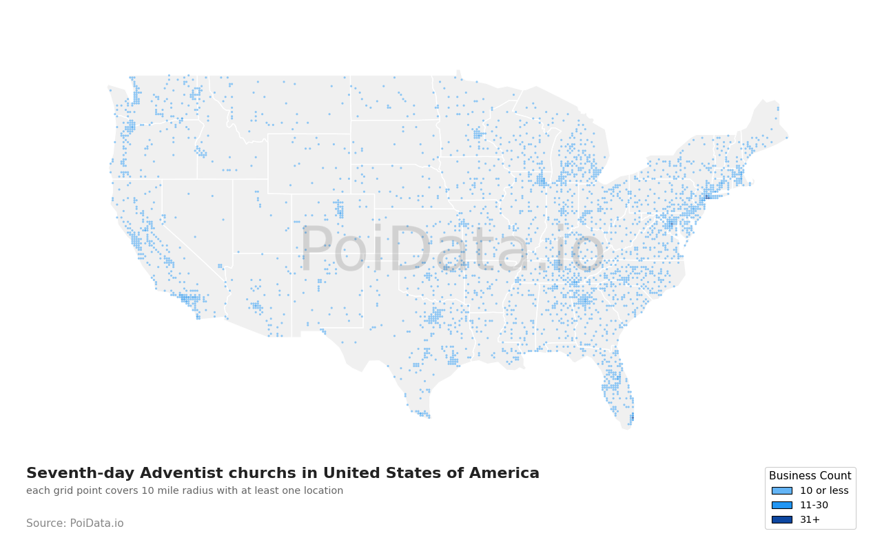Seventh-day Adventist church density map for United States