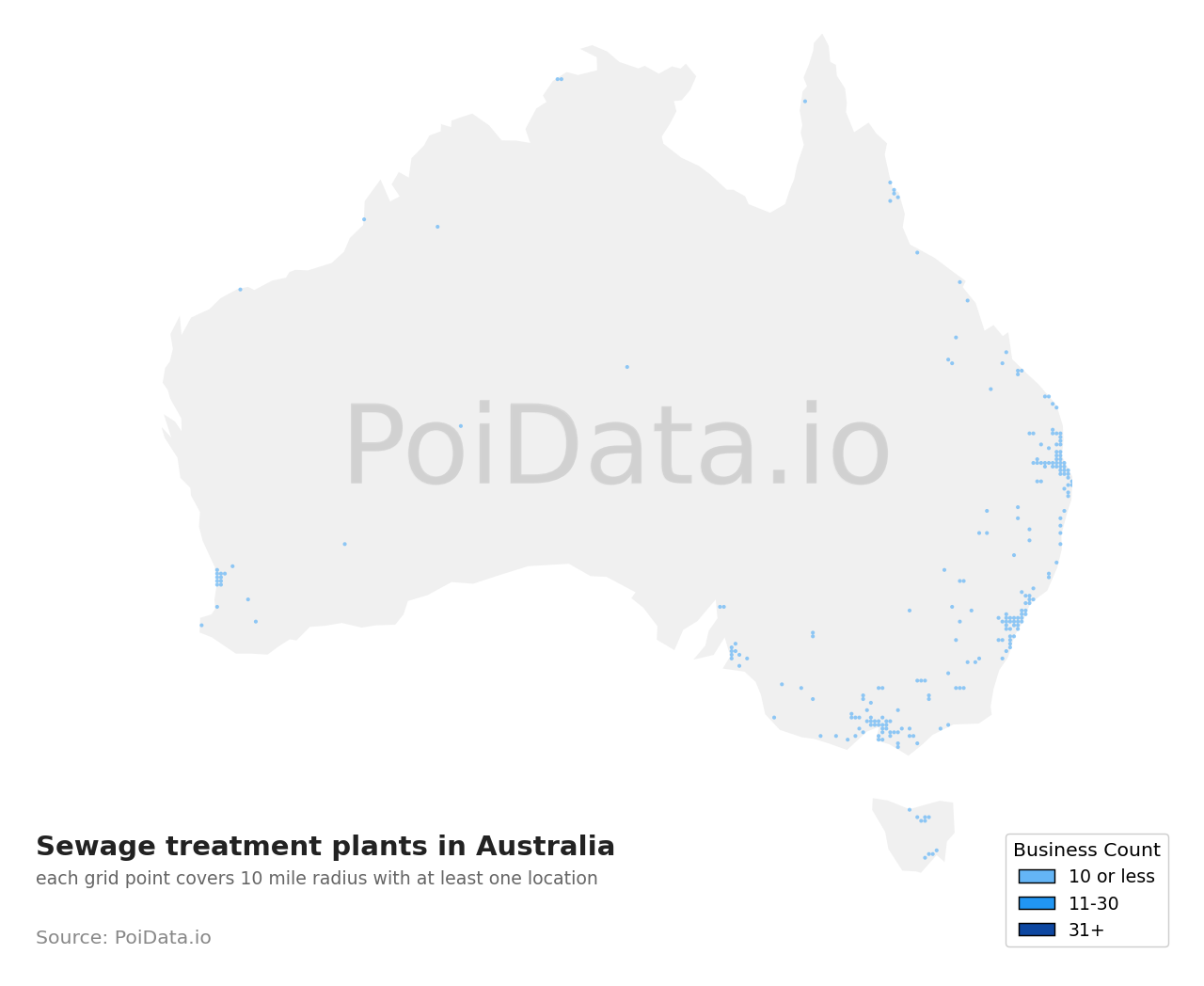 Sewage treatment plant density map for Tasmania, Australia