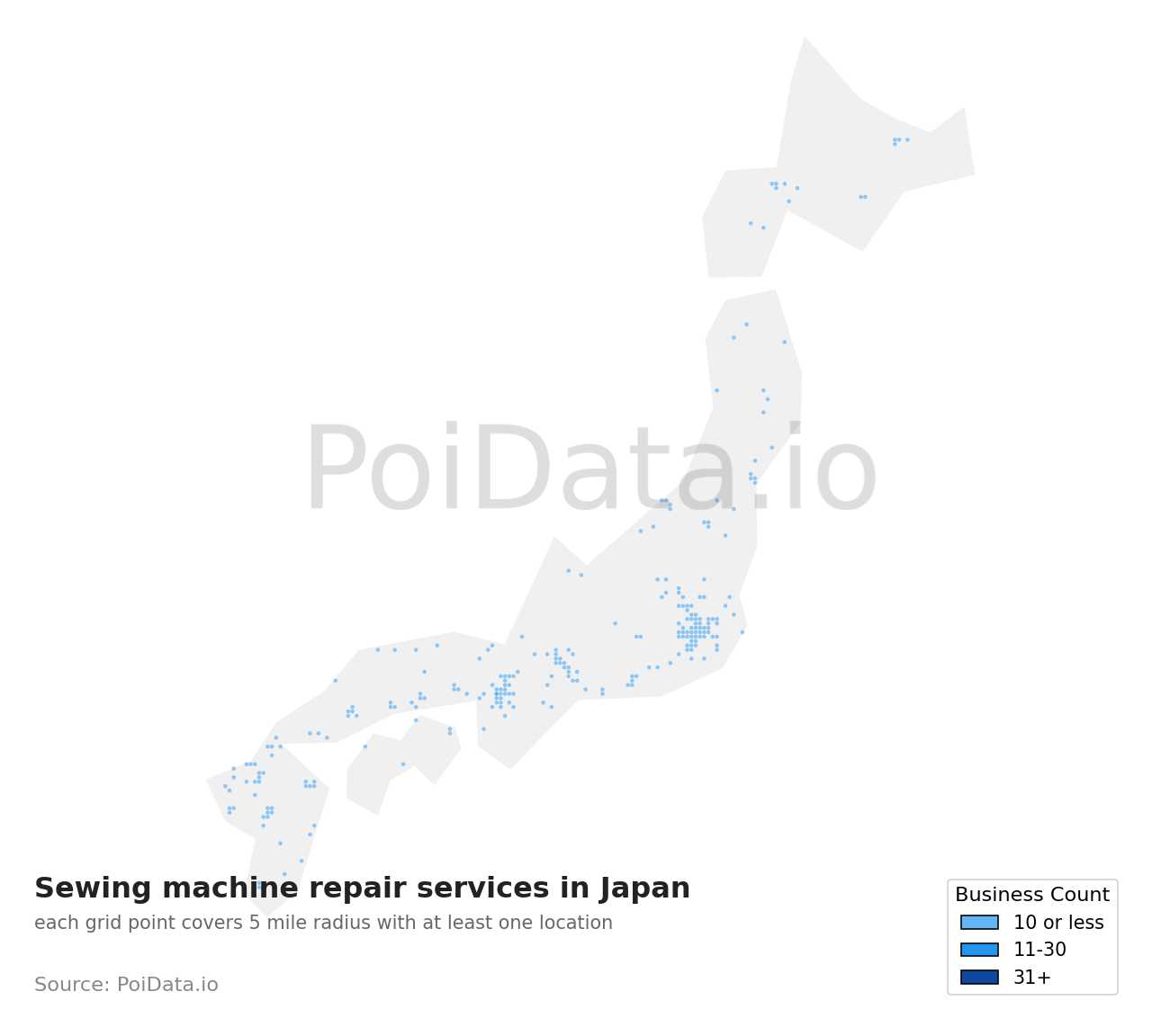 Sewing machine repair service density map for Japan