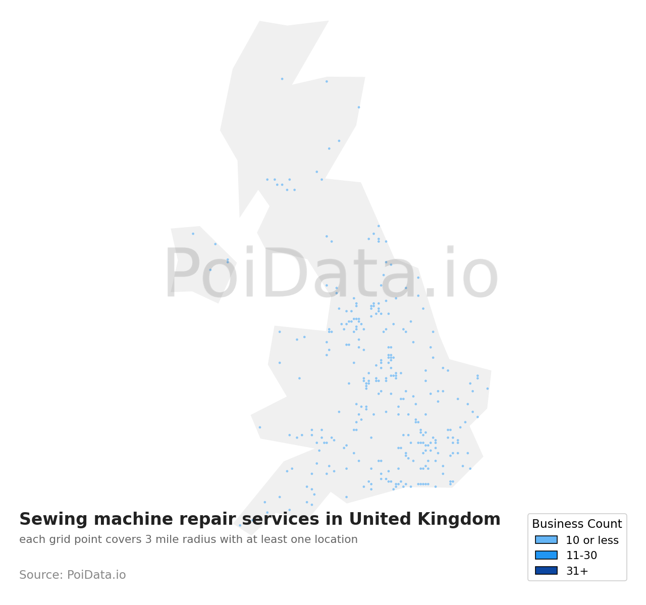 Sewing machine repair service density map for United Kingdom