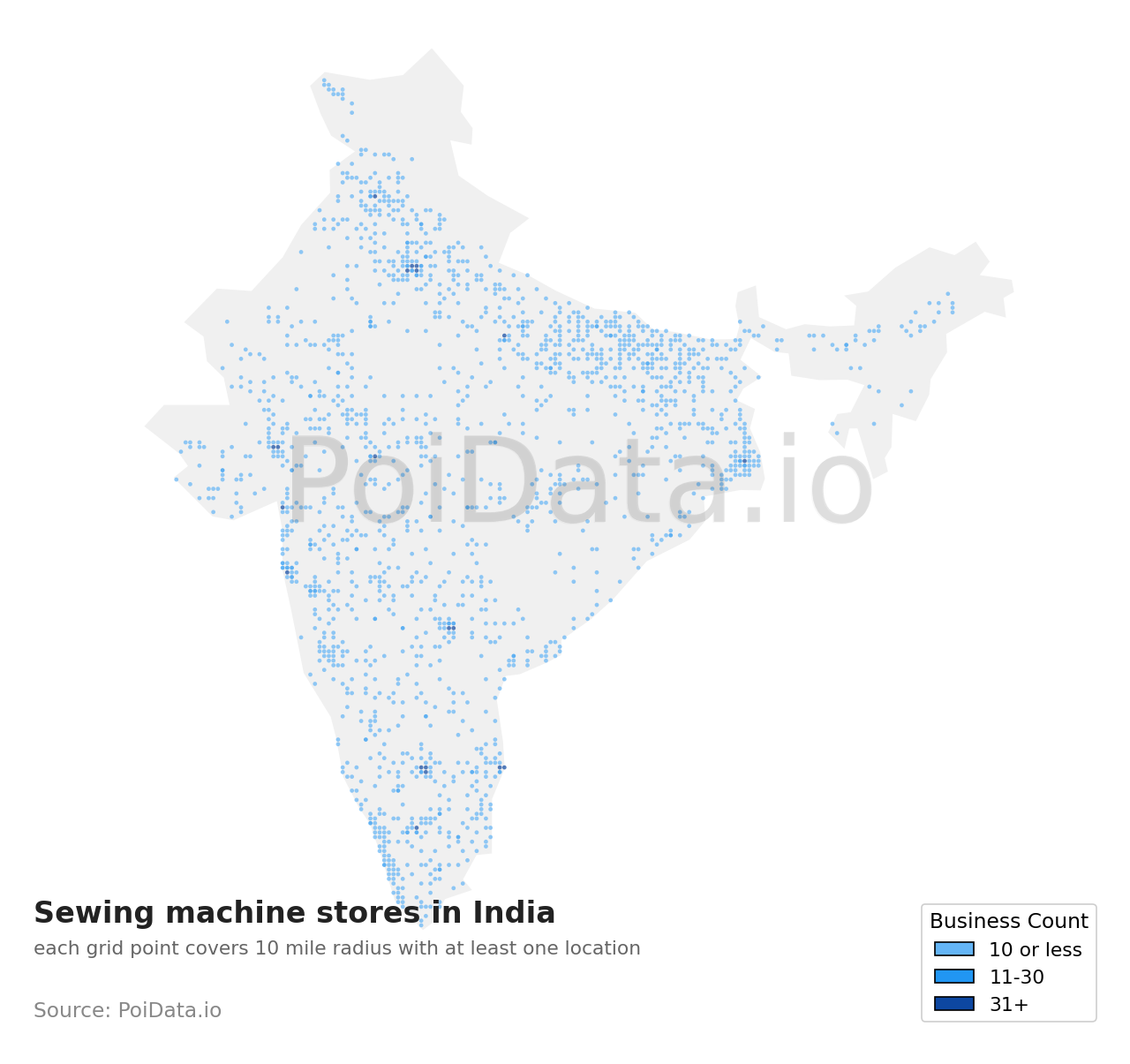 Sewing machine store density map for India