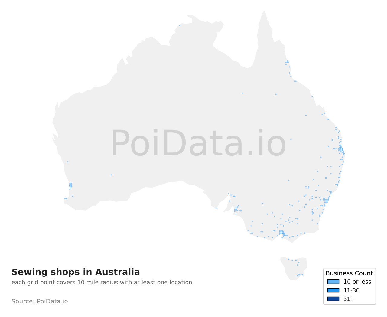 Sewing shop density map for Australia
