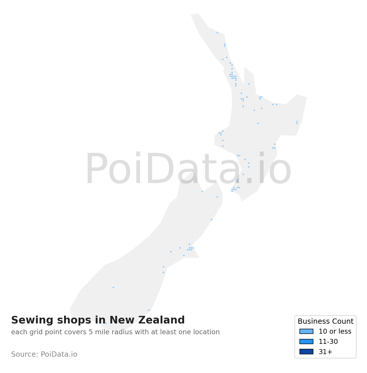 Sewing shop density map for New Zealand