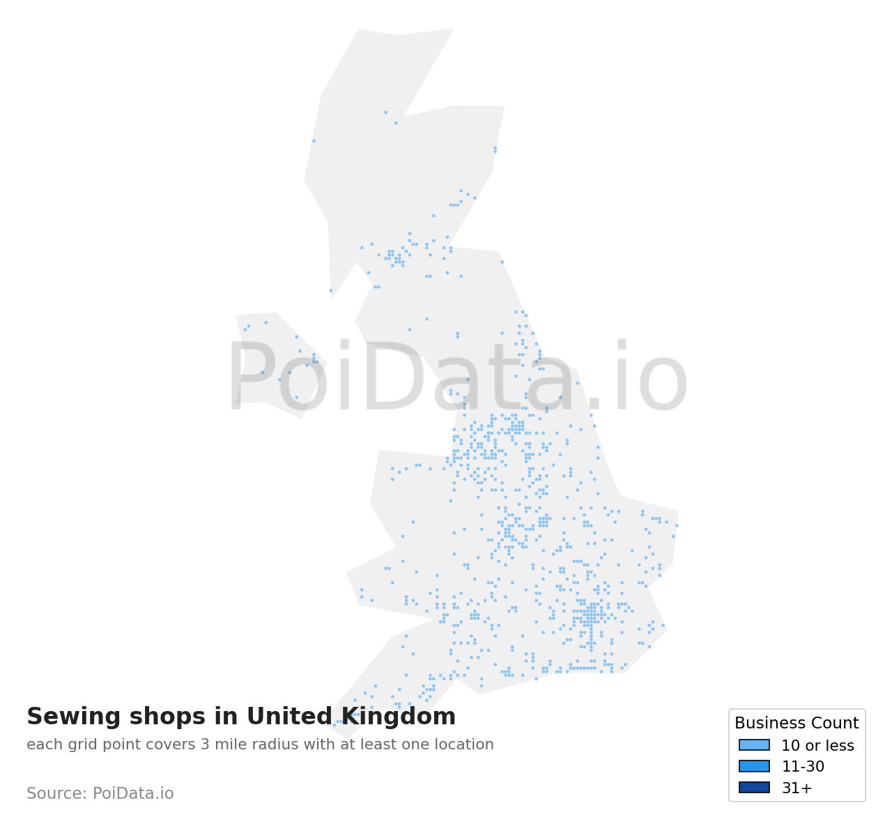 Sewing shop density map for United Kingdom