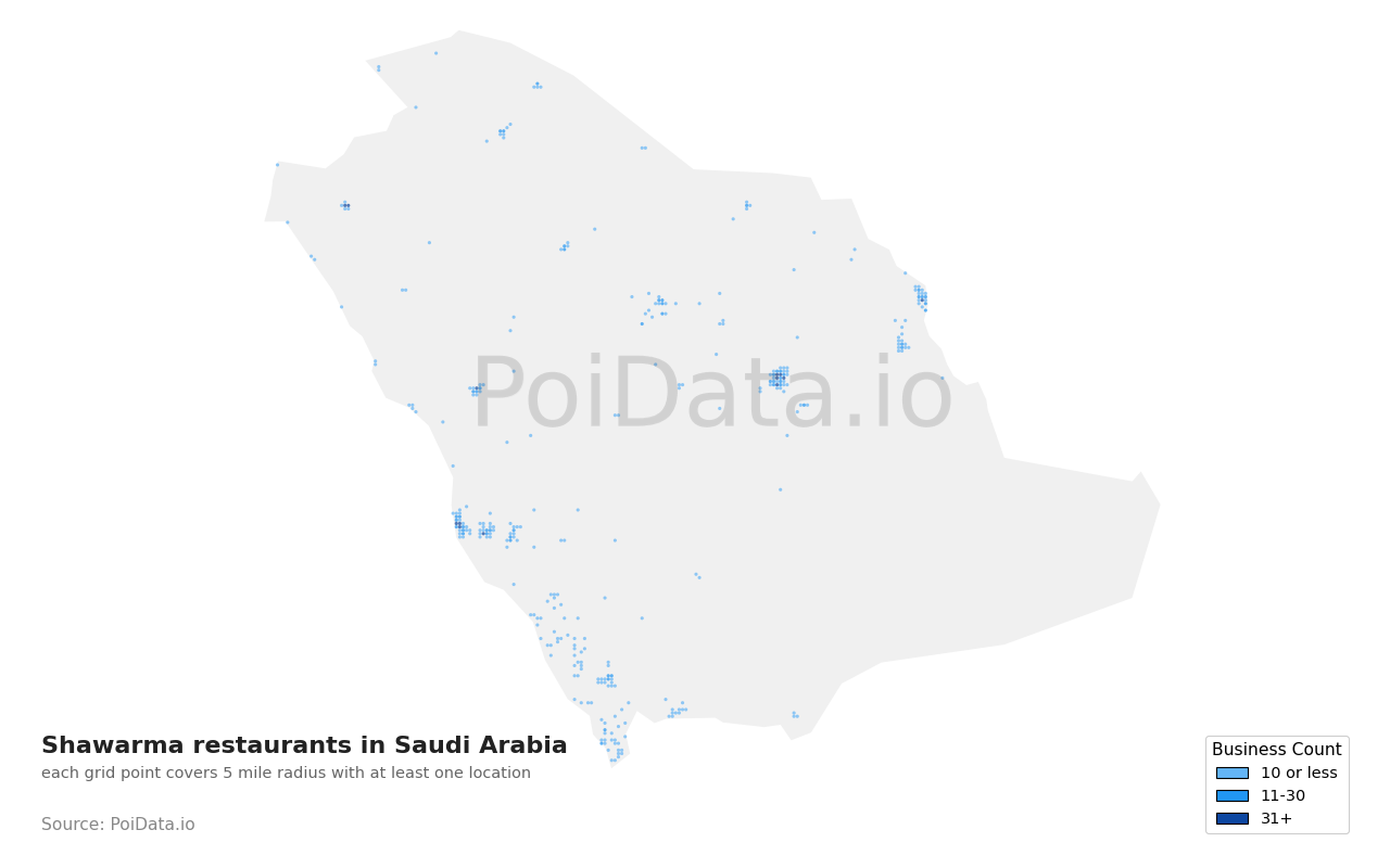 Shawarma restaurant density map for Saudi Arabia