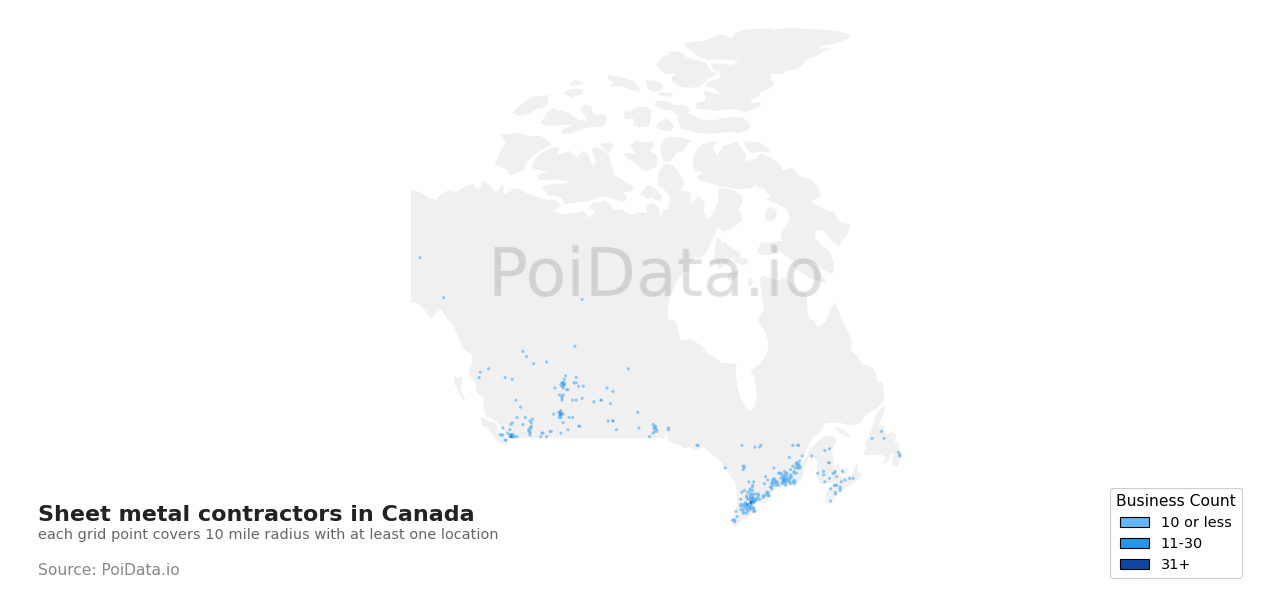 Sheet metal contractor density map for Nova Scotia, Canada