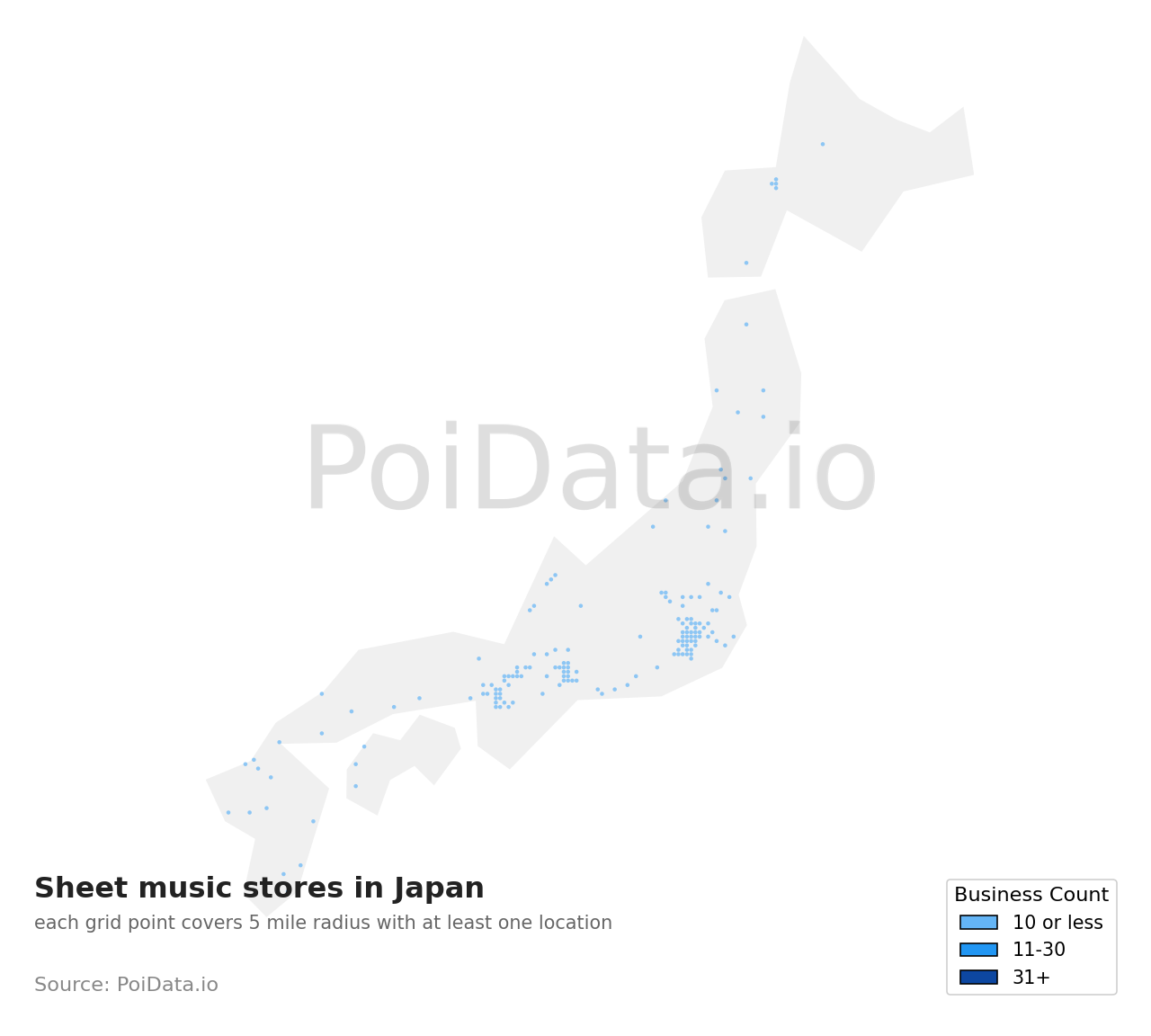 Sheet music store density map for Japan