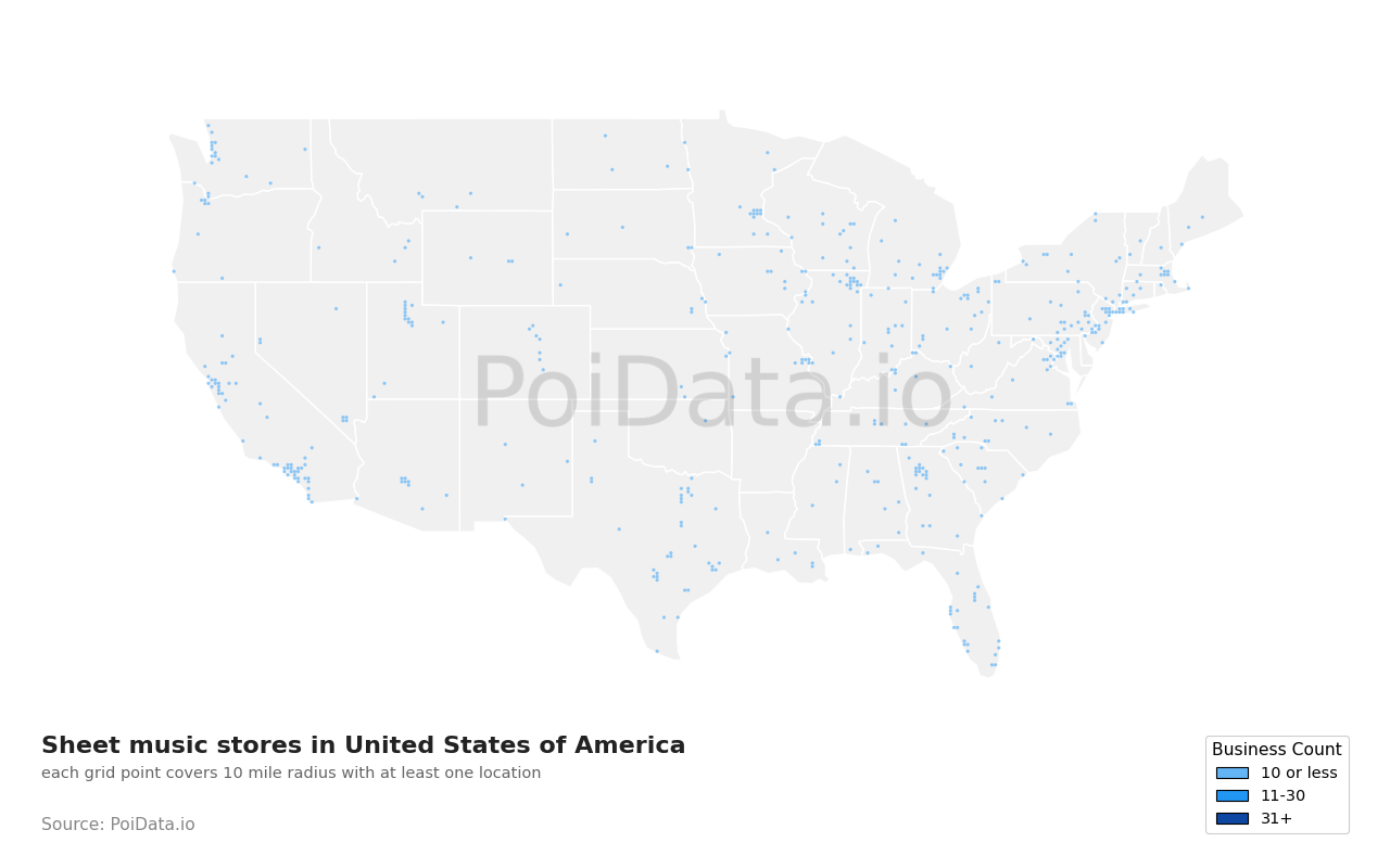 Sheet music store density map for United States