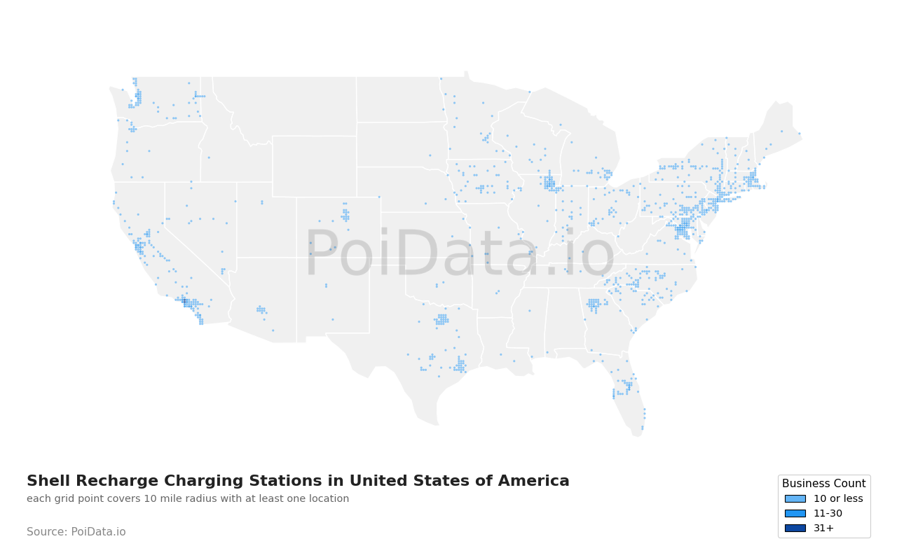 Shell Recharge Charging Station density map for United States