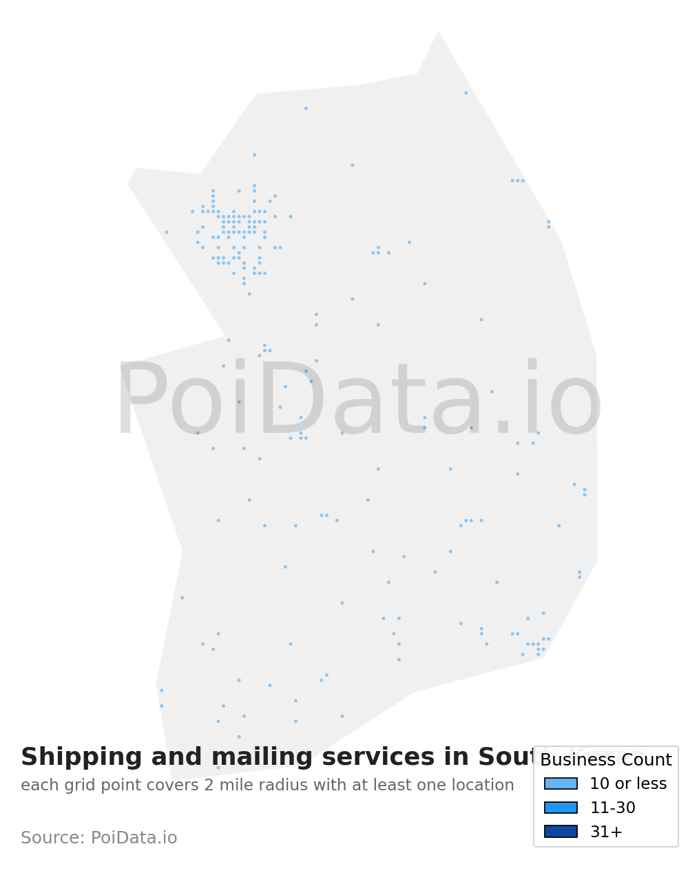 Shipping and mailing service density map for South Korea