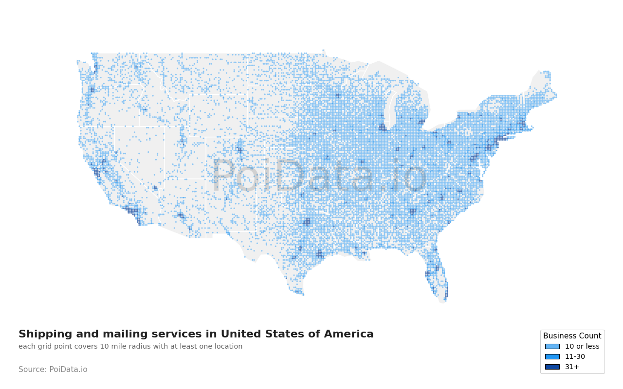 Shipping and mailing service density map for Florida, United States