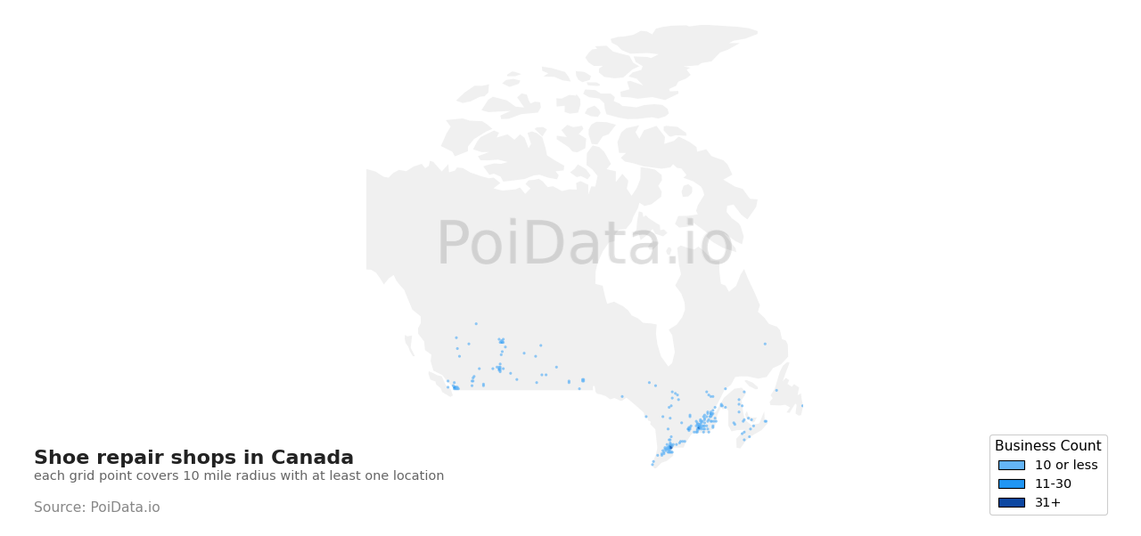 Shoe repair shop density map for Prince Edward Island, Canada