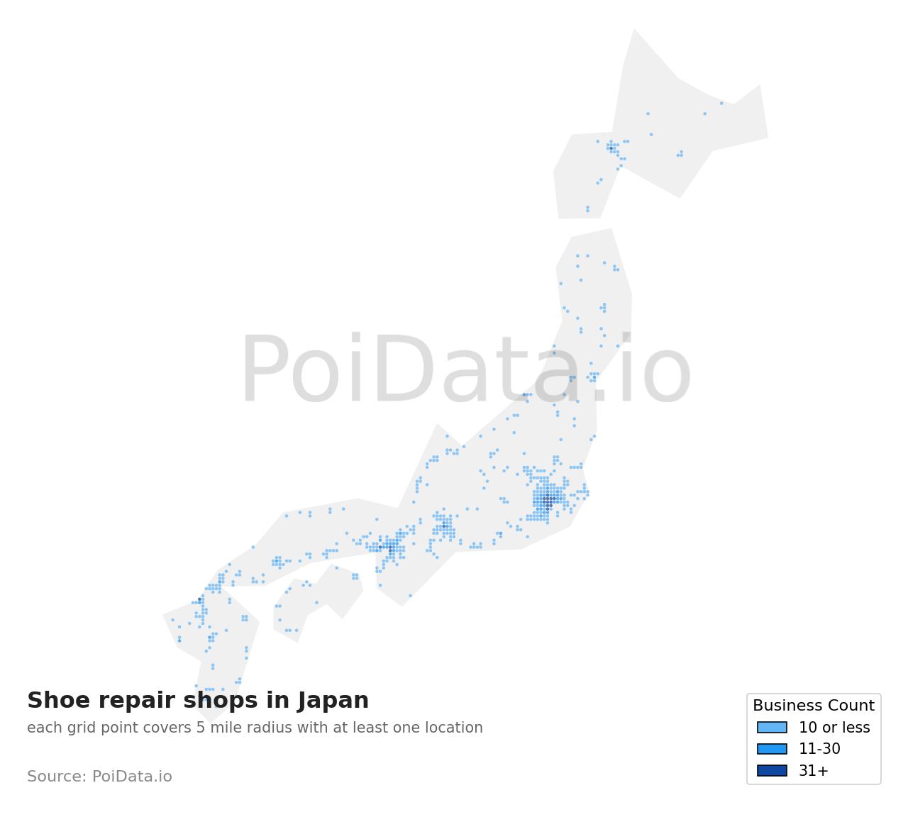 Shoe repair shop density map for Japan
