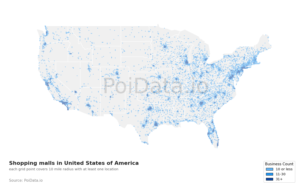 Shopping mall density map for Florida, United States