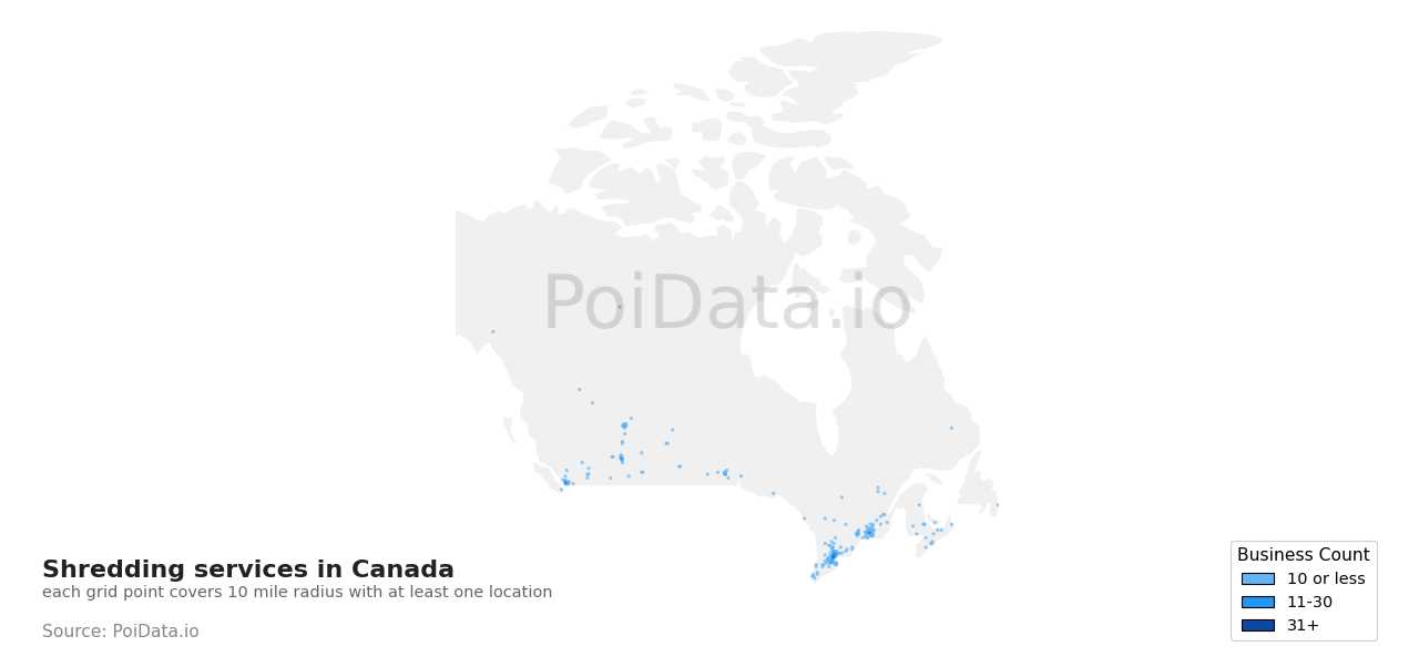 Shredding service density map for Newfoundland and Labrador, Canada