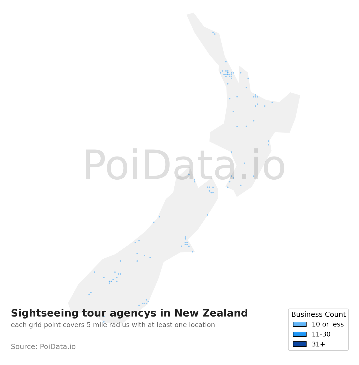 Sightseeing tour agency density map for New Zealand